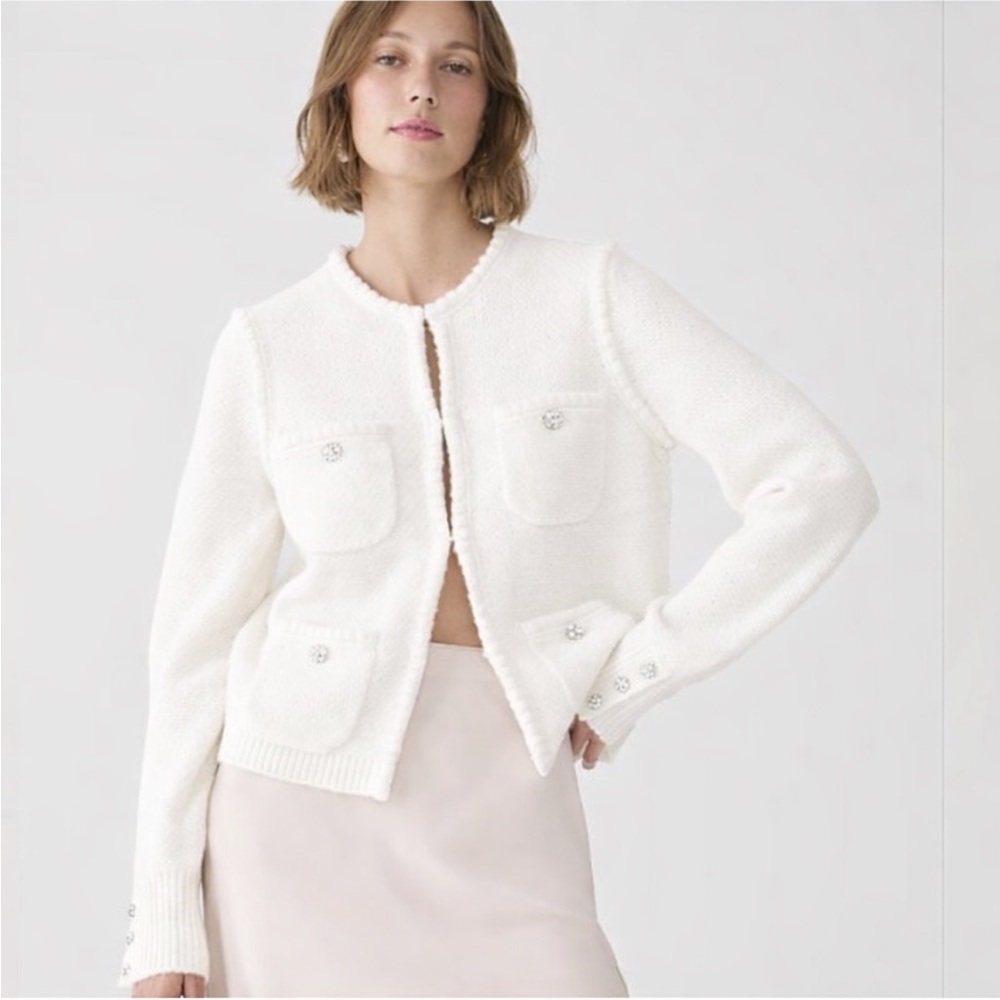 J.CREW Odette Sweater Lady Jacket in Cotton Blend White Gold Button Women Small